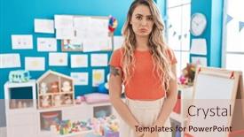  Presentation with woman crying - Slide deck with young-caucasian-woman-working background and a  colored foreground