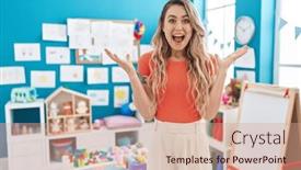  Presentation with teacher - Presentation design enhanced with young-caucasian-woman-working and a coral colored foreground