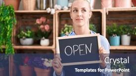  Presentation with working - PPT layouts with young-caucasian-woman-working and a ocean colored foreground