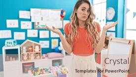  Presentation with teacher - Slide deck consisting of young-caucasian-woman-working and a coral colored foreground