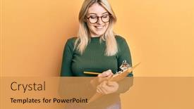  Presentation with task checklist - PPT theme consisting of young-caucasian-woman-writing background and a yellow colored foreground