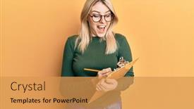  Presentation with writing - Amazing slide deck having young-caucasian-woman-writing backdrop and a yellow colored foreground