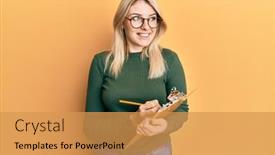  Presentation with writing - PPT theme with young-caucasian-woman-writing background and a yellow colored foreground