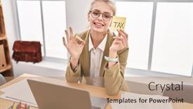  Presentation with office - PPT layouts consisting of young-caucasian-woman background and a  colored foreground