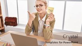  Presentation with taxes - PPT theme consisting of young-caucasian-woman background and a coral colored foreground