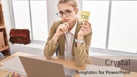  Presentation with taxes - Presentation design consisting of young-caucasian-woman background and a coral colored foreground