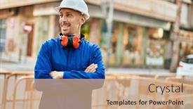  Presentation with worker - Presentation design enhanced with young-caucasian-worker-smiling-happy background and a coral colored foreground