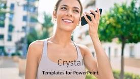  Presentation with listening woman - PPT layouts with young-cauciasian-fitness-woman-wearing background and a coral colored foreground