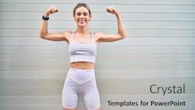  Presentation with muscle - PPT theme with young-cauciasian-fitness-woman-wearing background and a light gray colored foreground