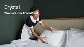  Presentation with bed hotel - PPT theme enhanced with young-chambermaid-bending-over-double background and a dark gray colored foreground