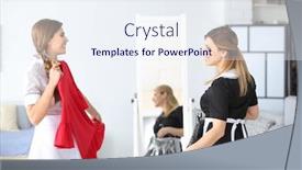  Presentation with clothes - PPT theme having young-chambermaids-in-uniform background and a sky blue colored foreground