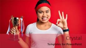  Presentation with champion - Colorful presentation theme enhanced with young-champion-asian-girl-winning backdrop and a red colored foreground