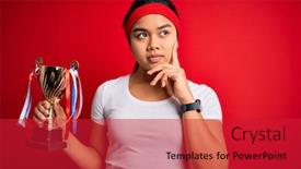  Presentation with champion golden trophy cup - Presentation theme with young-champion-asian-girl-winning background and a red colored foreground