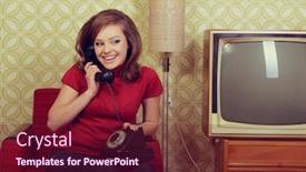  Presentation with 70s - Cool new slide deck with young-charming-woman-sitting backdrop and a tawny brown colored foreground