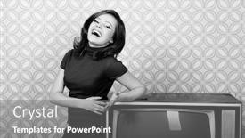  Presentation with 70s - Colorful slide set enhanced with young-charming-woman-staing backdrop and a gray colored foreground