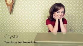  Presentation with 70s - Cool new slides with young-charming-woman-staing backdrop and a mint green colored foreground