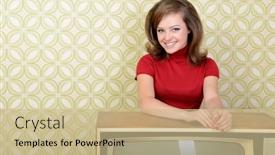  Presentation with 70s - Theme enhanced with young-charming-woman-staing background and a coral colored foreground