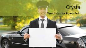  Presentation with luxury car - Audience pleasing PPT theme consisting of text limousine - young chauffeur standing with white backdrop and a yellow colored foreground