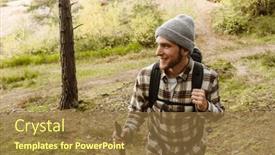  Presentation with wooden stick - Presentation theme consisting of young-cheerful-active-man-tourist background and a tawny brown colored foreground