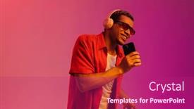  Presentation with man holding phone - PPT theme with young-cheerful-african-man background and a violet colored foreground