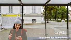  Presentation with bus station - Slides featuring young-cheerful-asian-woman-wearing background and a gray colored foreground