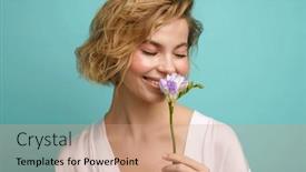  Presentation with blue flower - Theme featuring young-cheerful-blonde-woman-smelling background and a coral colored foreground