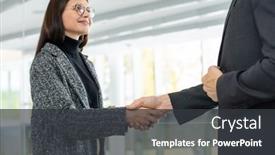  Presentation with director - Presentation theme having young-cheerful-brunette-businesswoman-shaking background and a dark gray colored foreground