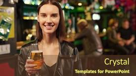  Presentation with looking glass - Theme consisting of young-cheerful-brunette-woman-looking background and a tawny brown colored foreground