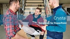  Presentation with blueprint - Presentation theme enhanced with young-cheerful-builder-with-blueprint background and a ocean colored foreground