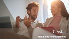  Presentation with atmosphere - Amazing slide deck having young-cheerful-business-couple backdrop and a violet colored foreground