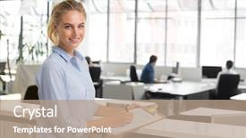  Presentation with writing notes - Theme enhanced with young cheerful business woman making notes in office portrait of happy young secretary smiling and looking at camera blonde businesswoman in office standing and writing on documents background and a coral colored foreground