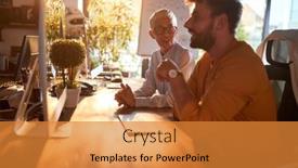  Presentation with female office graphics - PPT layouts enhanced with young-cheerful-businessman-being-mentored background and a gold colored foreground