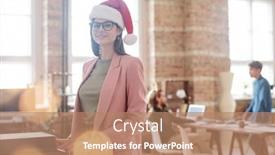  Presentation with xerox - Colorful theme enhanced with young-cheerful-businesswoman-in-xmas backdrop and a coral colored foreground