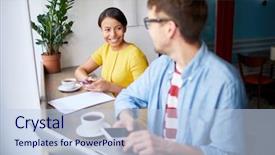  Presentation with questions - Cool new slide deck with young cheerful businesswoman texting backdrop and a light blue colored foreground