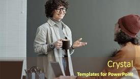  Presentation with discussion - Slides consisting of young-cheerful-businesswoman-with-cup background and a tawny brown colored foreground