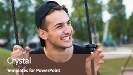  Presentation with cheerful - Audience pleasing PPT theme consisting of young cheerful charismatic guy backdrop and a violet colored foreground