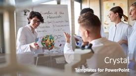  Presentation with laboratory chemical - Beautiful PPT theme featuring young-cheerful-chemical-students-discuss backdrop and a gray colored foreground