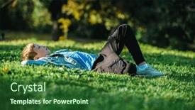  Presentation with relaxing - PPT theme featuring young-cheerful-child-relaxing background and a forest green colored foreground