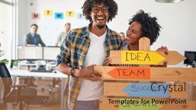  Presentation with atmosphere - Presentation theme consisting of young-cheerful-colleagues-are-enjoying background and a coral colored foreground