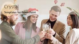  Presentation with next year - Cool new PPT theme with young-cheerful-colleagues-in-xmas backdrop and a lemonade colored foreground