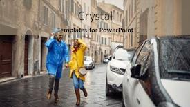  Presentation with rain city - Slide deck featuring young-cheerful-couple-in-raincoats background and a  colored foreground