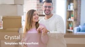  Presentation with young happy couple - Audience pleasing presentation consisting of young cheerful couple smiling happy showing wedding ring celebrating engagement moving to a new home backdrop and a coral colored foreground