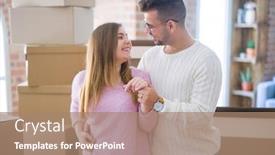  Presentation with young happy couple - Audience pleasing slide set consisting of young cheerful couple smiling happy showing wedding ring celebrating engagement moving to a new home backdrop and a coral colored foreground
