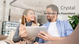  Presentation with consulting - Presentation design consisting of young cheerful couple with digital tablet looking at one another while consulting about what to watch at leisure in cafe background and a soft green colored foreground