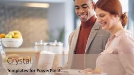  Presentation with canteen - Colorful presentation theme enhanced with young-cheerful-employees-picking-up backdrop and a coral colored foreground