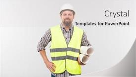  Presentation with foreman - Presentation design with young-cheerful-engineer-or-foreman background and a light gray colored foreground