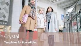  Presentation with coats - Presentation theme consisting of young cheerful family of three in coats carrying paperbags while spending time together in large trade center background and a coral colored foreground