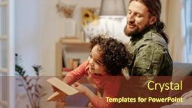  Presentation with wooden toy - Theme having young-cheerful-father-in-camouflage background and a tawny brown colored foreground