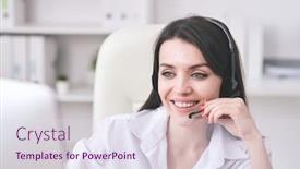  Presentation with support - Slide deck with young-cheerful-female-customer-support background and a sky blue colored foreground