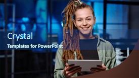  Presentation with dark night - PPT theme featuring young-cheerful-female-it-manager background and a ocean colored foreground